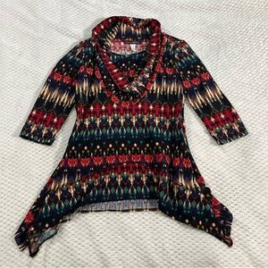 Coco Bianco top handkerchief hem 3/4 sleeves. Large, layer look, multi-color.